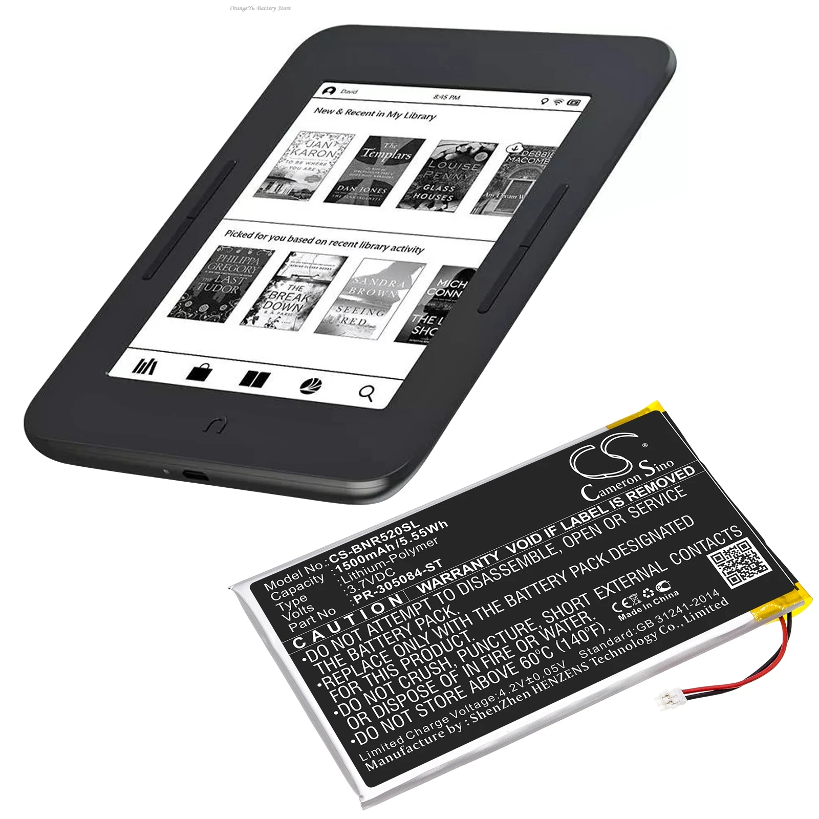 Replacement 3.7V 1500mAh E-book E-reader Battery PR-305084-ST for Barnes & Noble GlowLight 3 GlowLight 6 inches BNRV520