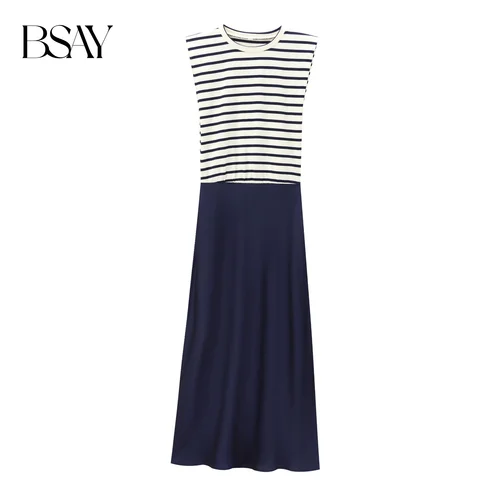 Imagen 2 del producto BSAY, moda para mujer, novedad de verano, jersey de cuello redondo a rayas con empalme, vestido largo sin mangas, ropa de noche femenina elegante francesa