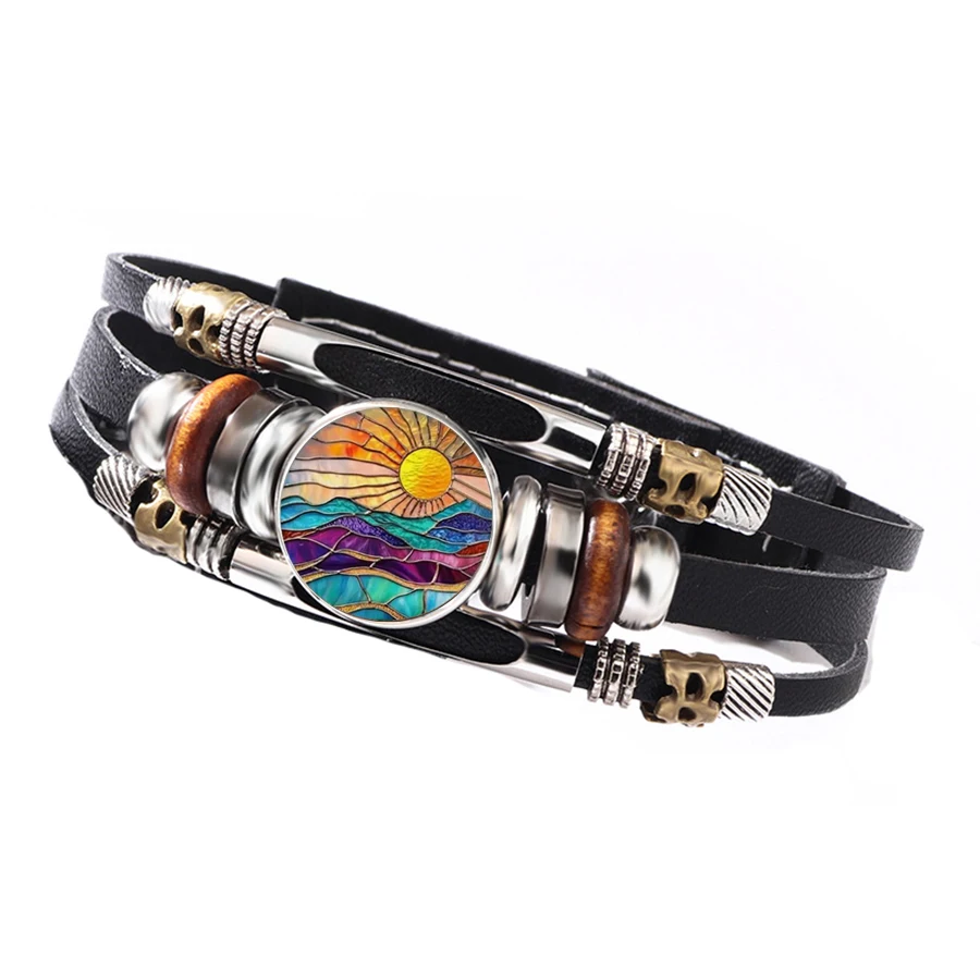 Vintage Multi-Layer Leather Bracelet With Round Glass Sunset Mountain Landscape Charm Boho Vintage Bracelet For Women Man