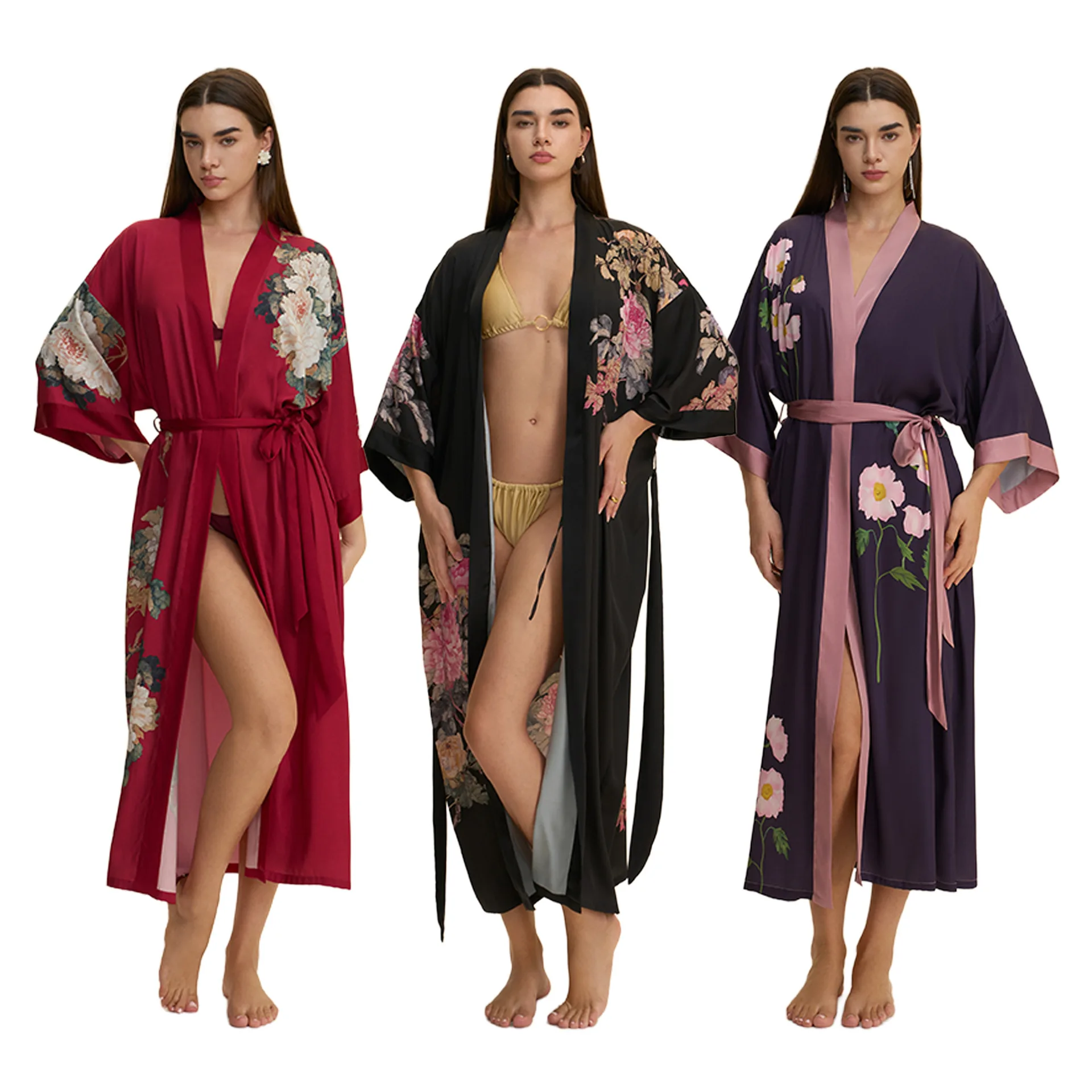 

Print Flower Bride Wedding Robe Nightgown Half Sleeve Kimono Bathrobe Gown Sexy Silk Satin Night Wear Loose Negligee Home Dress