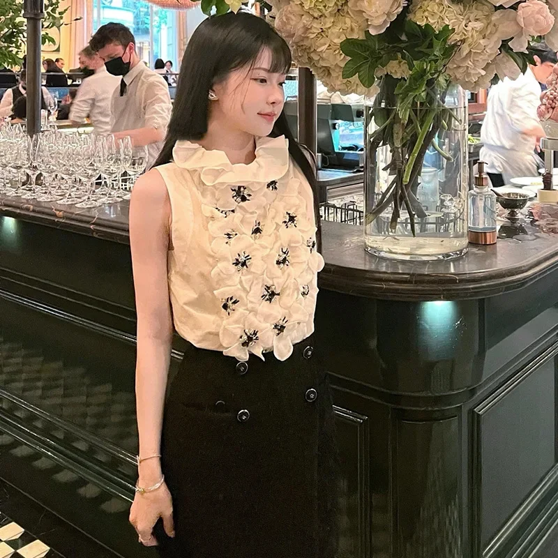 Sweet Three-Dimensional Flower Rhinestone Ruffled White Blouse Women Kawaii Chic Beaded Sleeveless Bottoming Shirt Short Tops