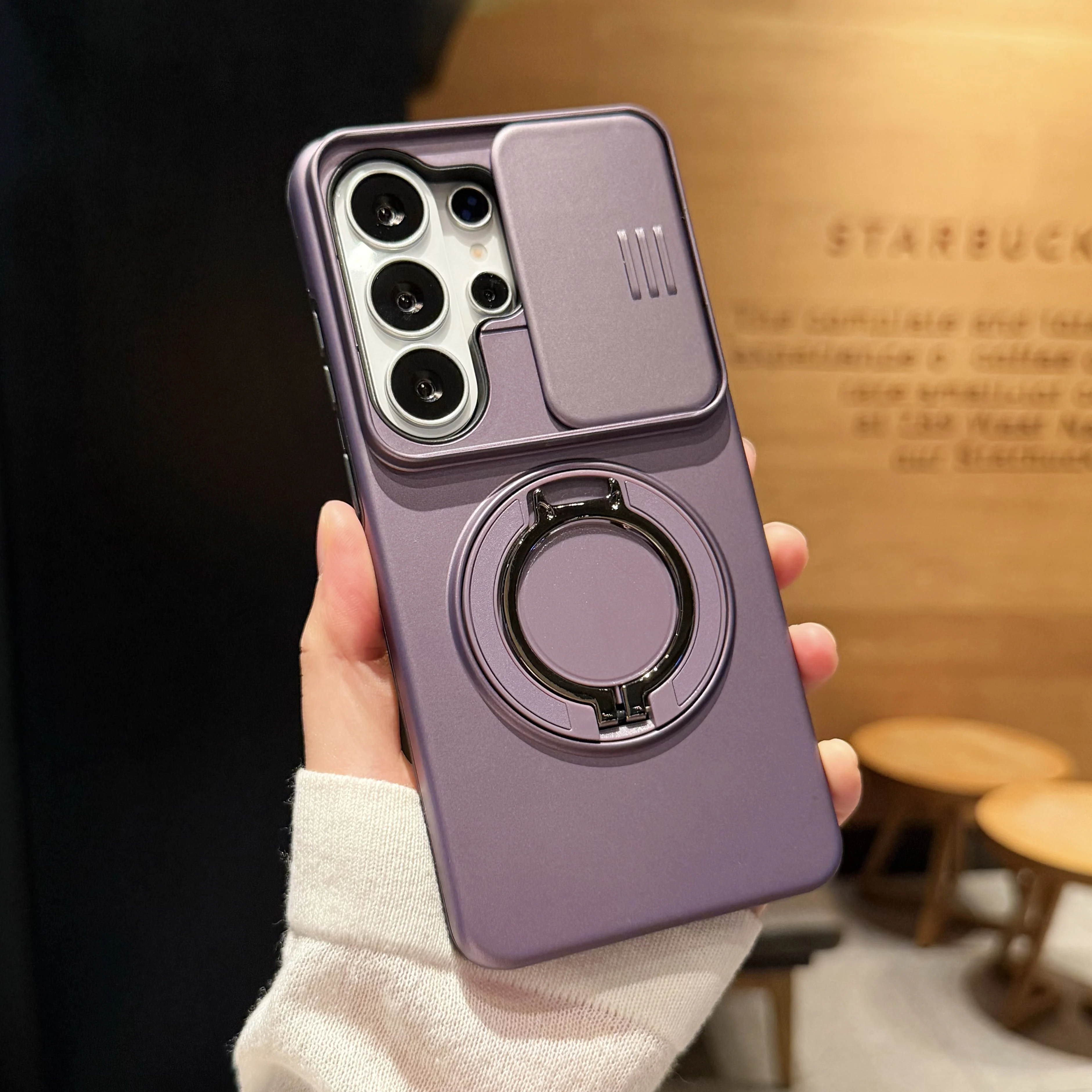 Magnetic Ring Stand Phone Case For Samsung Galaxy S26 S25 S24 Ultra Slide Camera Lens Protection TPU Frame Plastic Back Cover