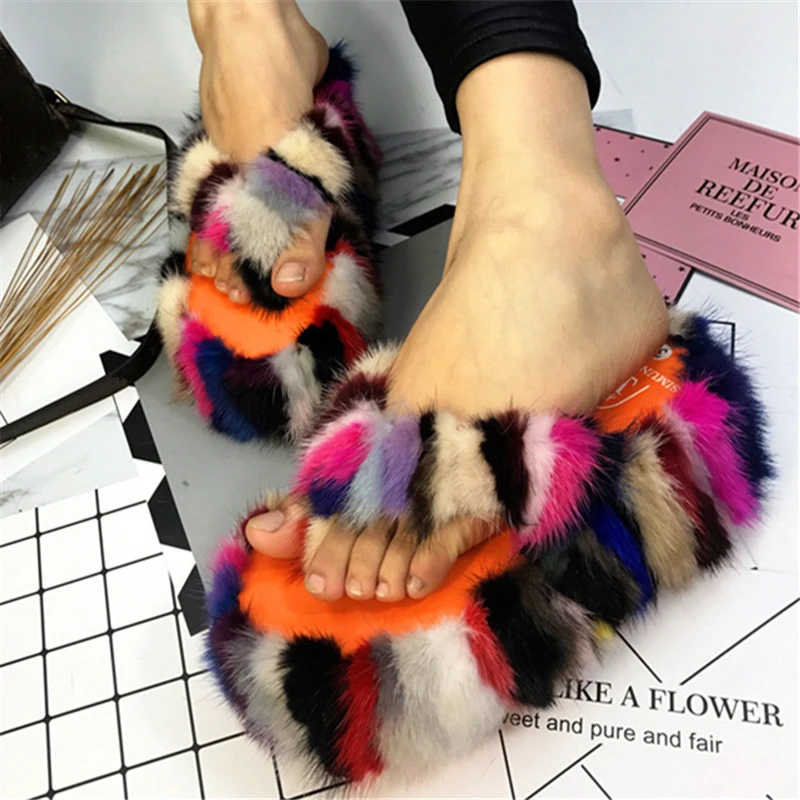 Colorful Mink Fur Women Slippers Thick Sole Platform Shoes Woman Outdoor Slides Leisure Flip Flops Summer Wedge Sandals Creepers