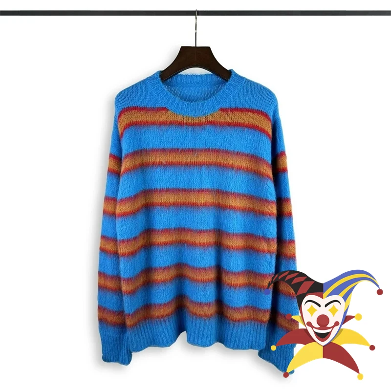 Blue Stripe Knit Mohair Sweater Crewneck Men Women Best Quality Oversize Sweatshirts