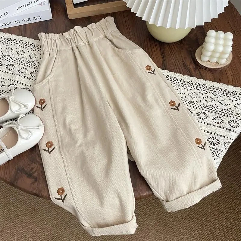 New  Autumn Children Casual Pants Print Girls Flower Embroidery Cotton Trousers Kids Elastic Waist