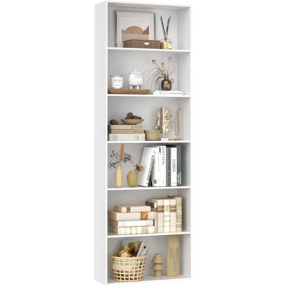 

6-Tier Open Bookcase and Bookshelf Storage Shelf Living Room and Office White Book Furniture Home