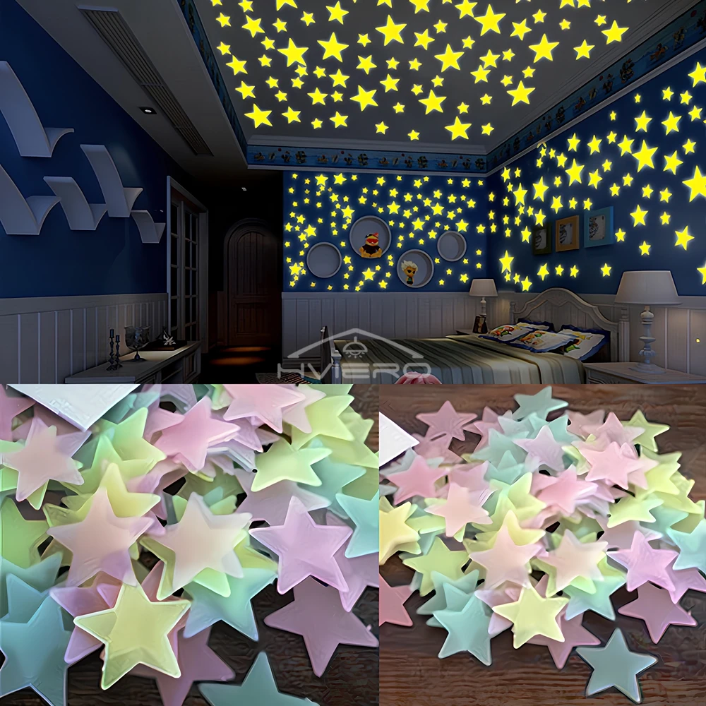 50X Glowing 3D Stars Glow in Dark on Wall Decoration Stickers Kids Baby Room Bedrooms Ceilings Home Fluorescent Pentagram Paper