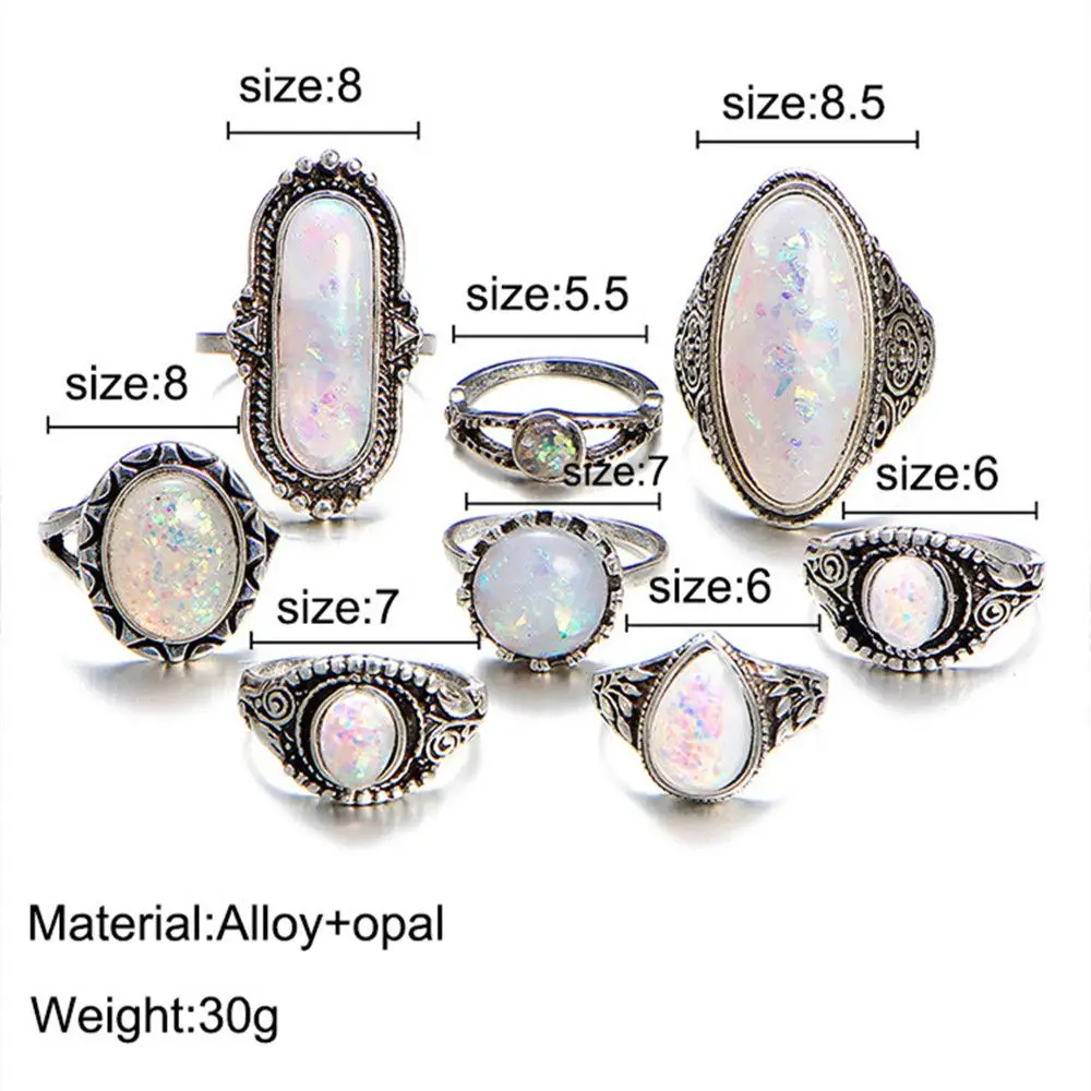 8 Pcs/set New Fashion Transparent White Opal Stone Carving Bohemian Jewelry Women Ring Sets Vintage Inset Joint Ring