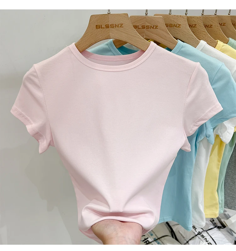 Zjaiss 2026 Sommer Neues Design Slim Fit Basic Top Trendiges Damen Baumwoll-Kurzarm-T-Shirt Einfarbig Vielseitiges O-Neck Tee – Detail 21