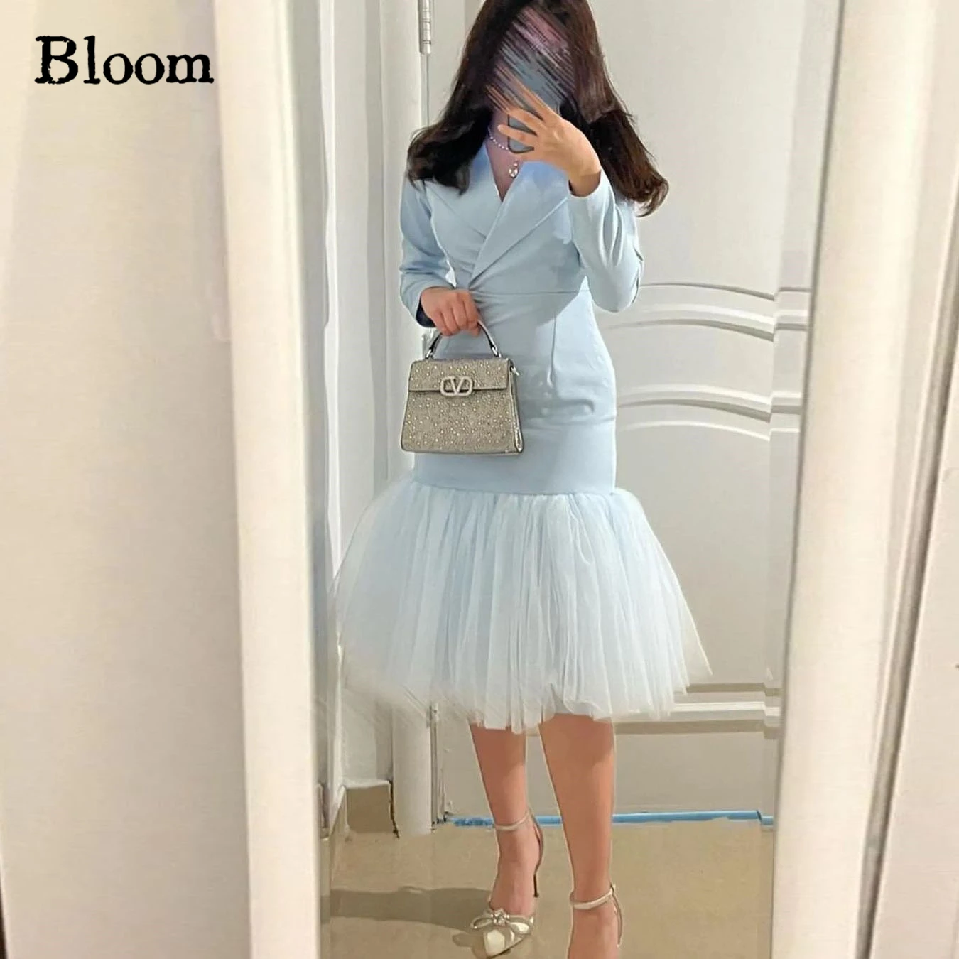 Bloom-Vestidos de Fiesta de tul de satén con solapa de manga larga, vestido de noche Formal hasta la rodilla, vestido de fiesta de boda, envío