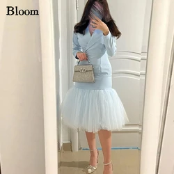 Bloom Long Sleeves lapel Prom Dresses Satin Tulle Knee-length Simple Formal Evening Dresses Wedding Party Dress Free Shipping