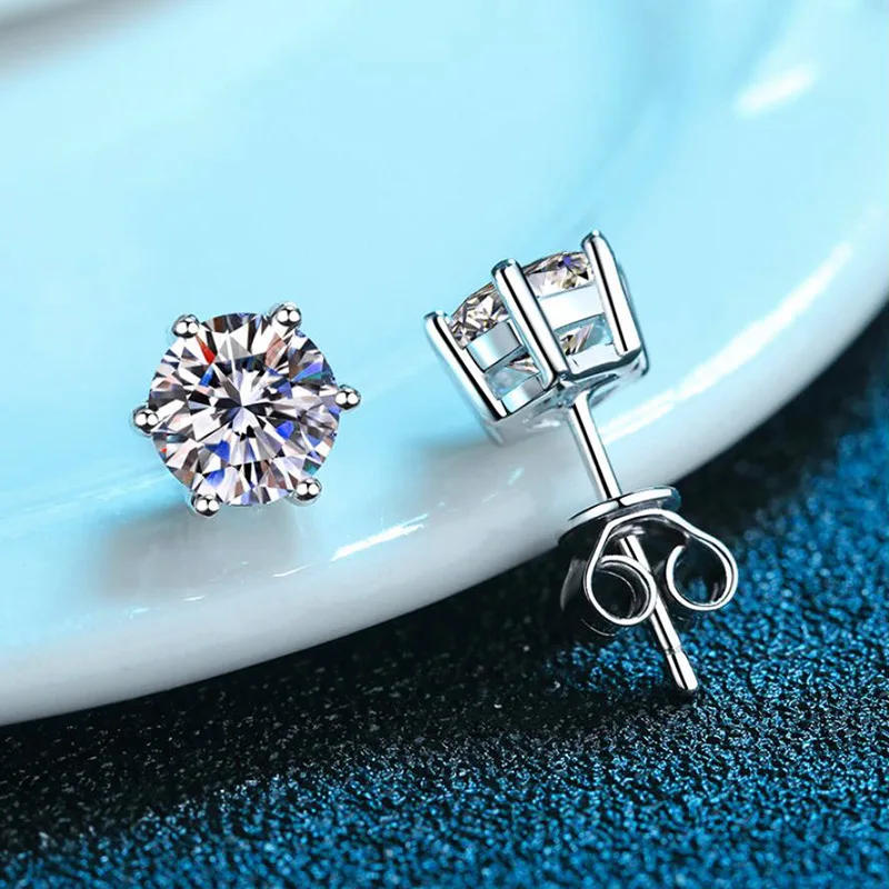 s925 silver earrings moissanite earrings classic six-claw earrings platinum-plated temperament simple round earrings