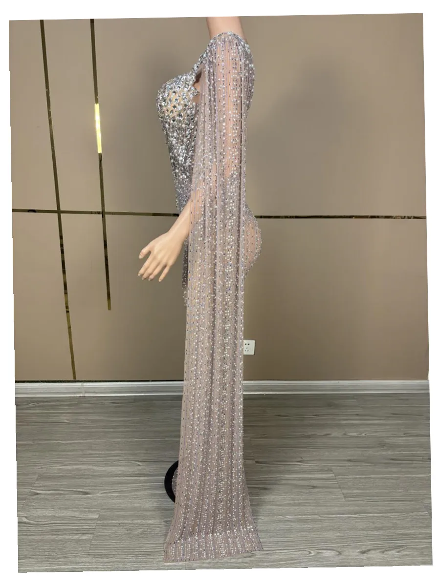 Luxus funkelnden Champagner großen Kristall transparent lange Zug Kleid Set Geburtstag Feier Kleid Abend Hochzeit Tanz kleid