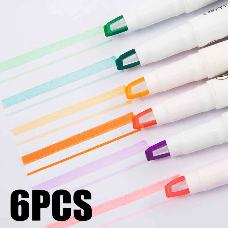 

6 Pcs Double-headed Visible Window Tip Color Highlighters Pen Dual Tips Marking Highlighter Student Supplies Japanese Stationery