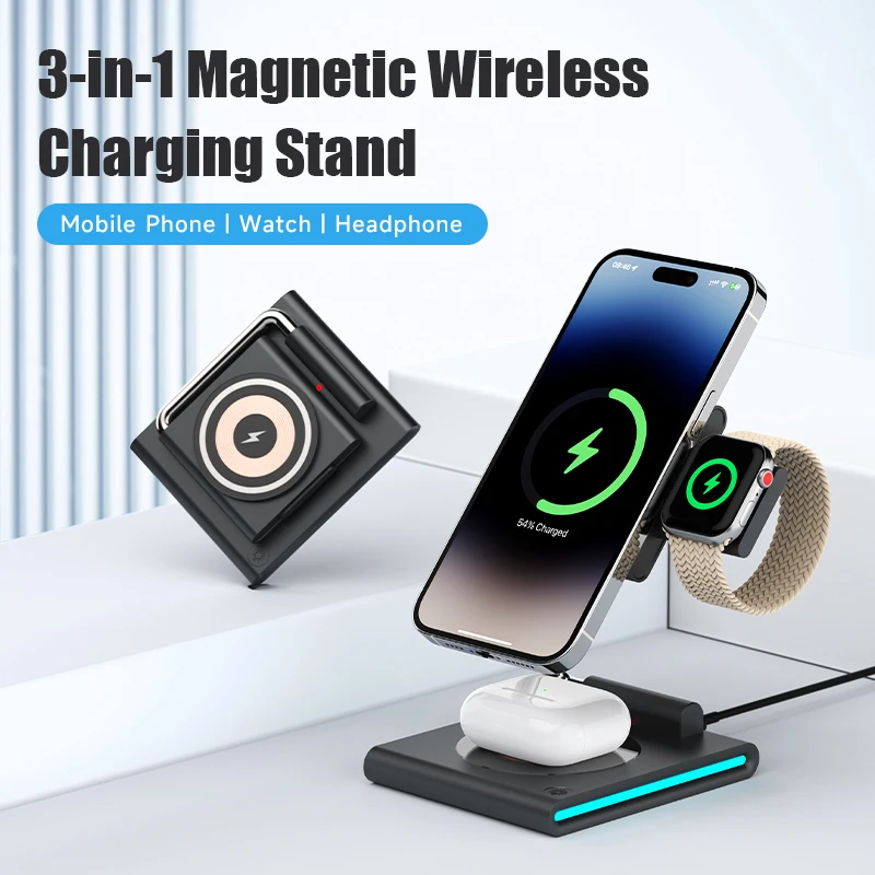 Беспроводное зарядное устройство Magsafe с быстрым портативным беспроводным зарядным устройством 3 в 1 RGB для iPhone 16/15/14/13/12 iWatch S1-9/Ultra AirPods