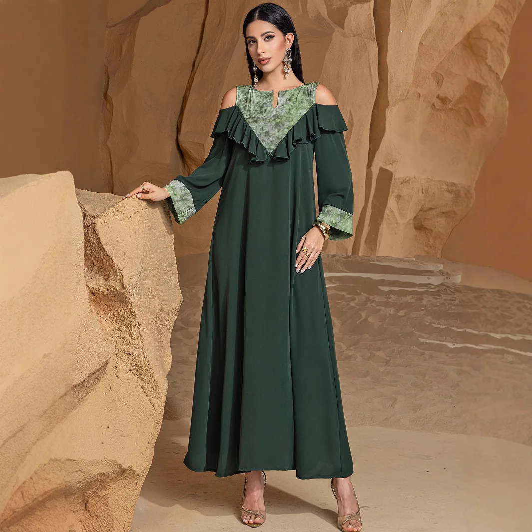 Ba5058 New Abaya Arabic Dress Long Dress with Ruffles Off-shoulder Long Dress Robe Abaya Ramadan Dubai Luxury Islam Elegant