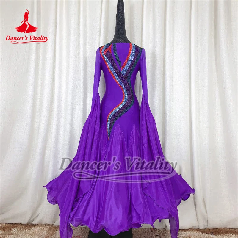 Adulto o novo estilo avançado pérola tecido de seda envolto-hip vestidos de dança de salão roxo tango valsa traje de concurso personalizado