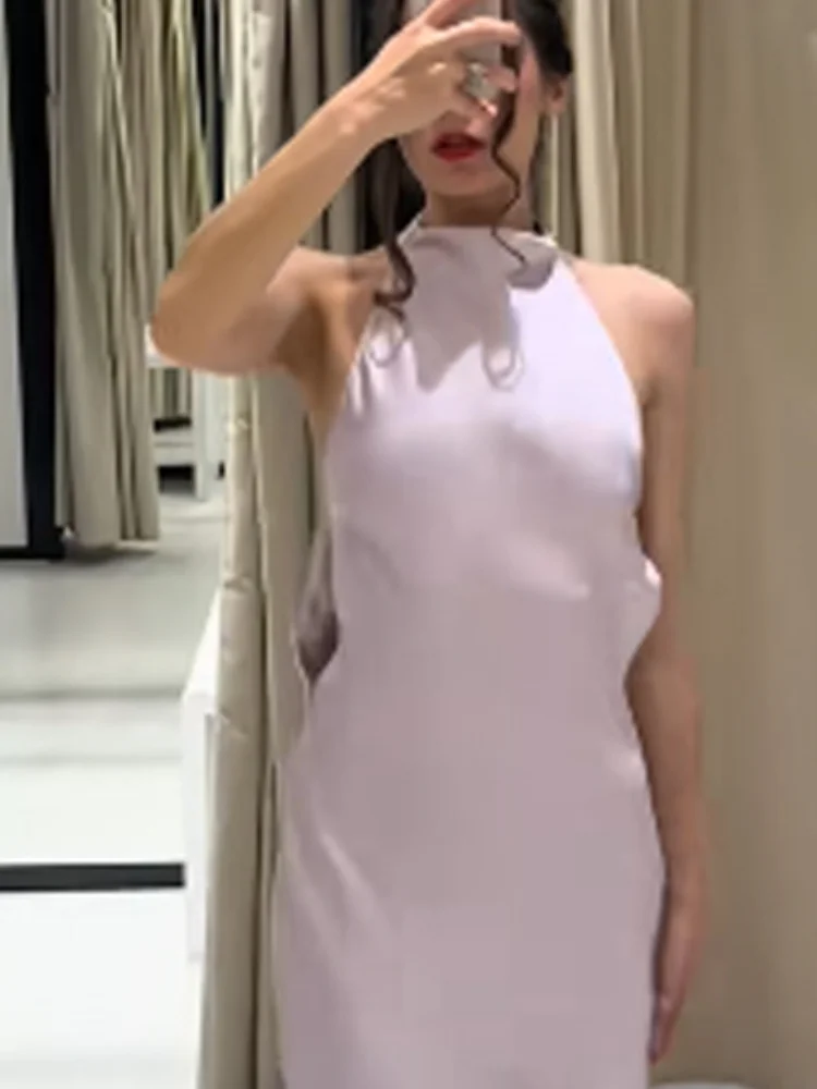 

Women Backless Off-shoulder Chic Satin Dress Elegant Bodycon Fitted Halter Neck Waist Slim Fit Dresses 2026 New Lady Party Wears