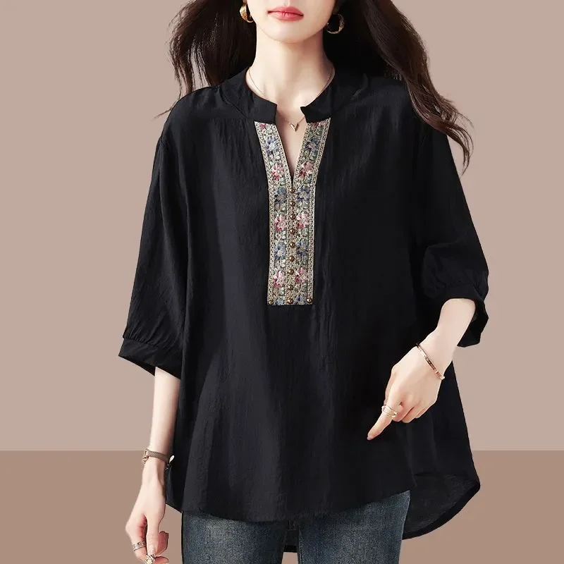 Black Bohemian Loose Blouse with Floral Embroidery V Neck Half Sleeve Women Summer Casual Top Lightweight Chiffon Style