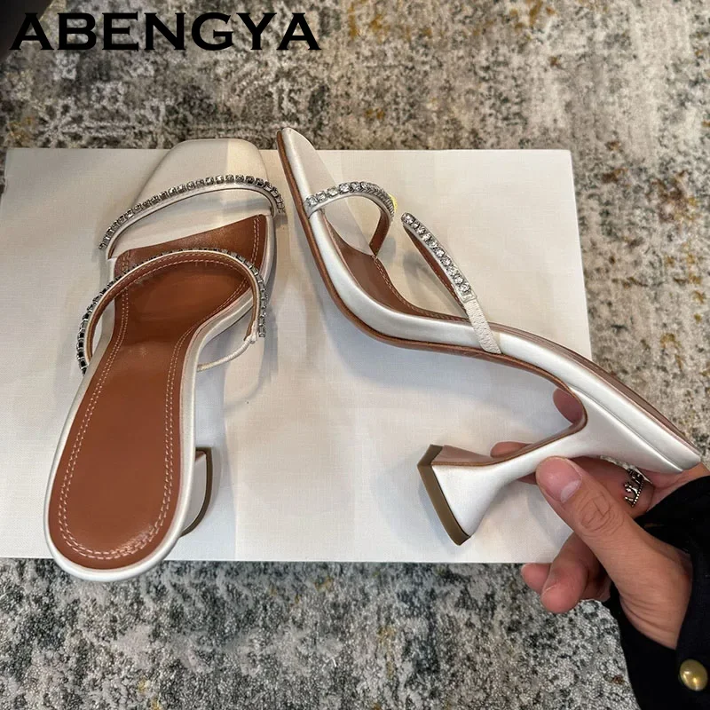 

2025 Summer Goblet High Heels Crystal Slippers Women Fashion Square Open Toe Rhinestones Mules Sexy Party Wedding Shoes Female