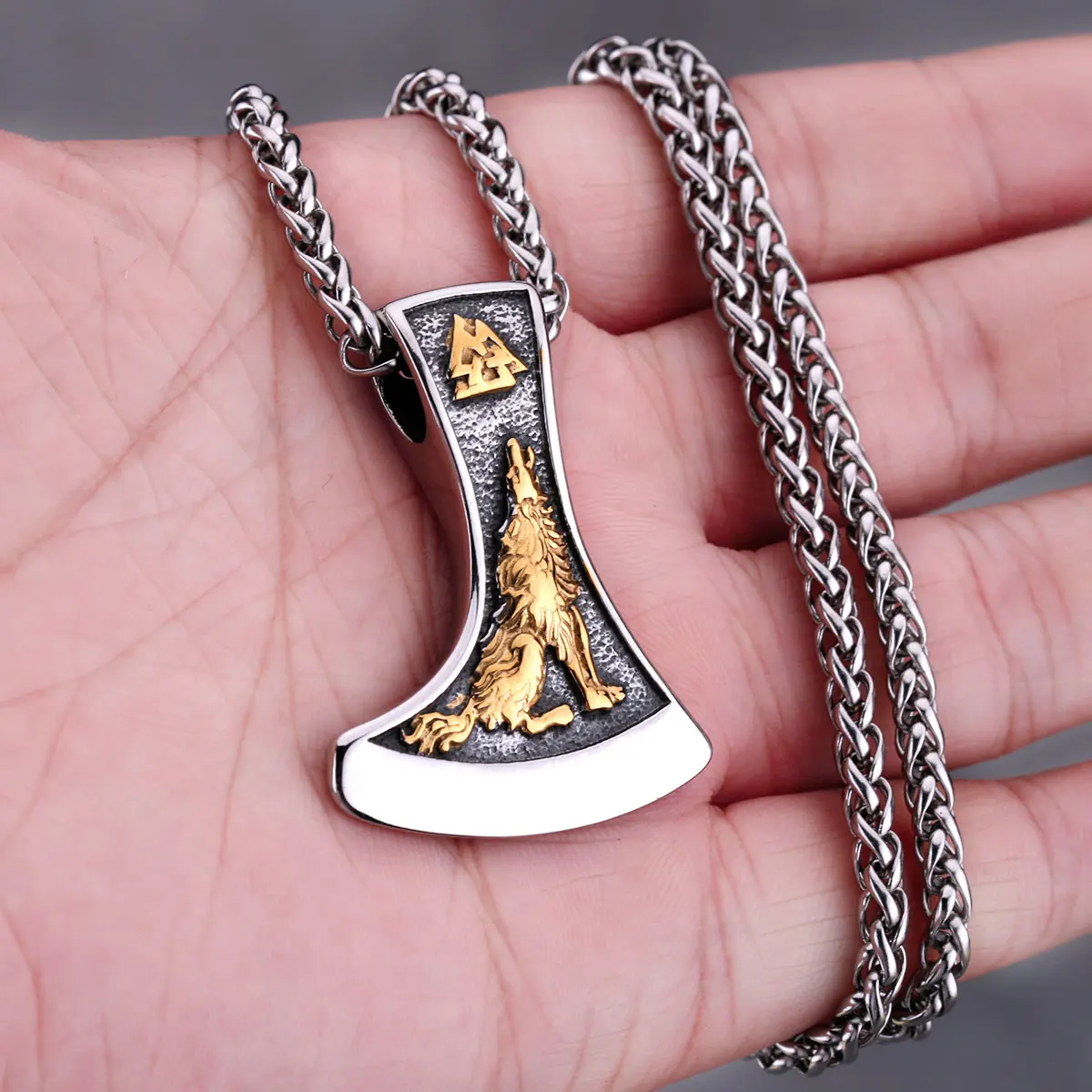 Vintage Viking Double Sided Axe Wolf and Crow Men Necklace Fashion Hip Hop Biker Pendant Stainless Steel Jewelry Gift Wholesale