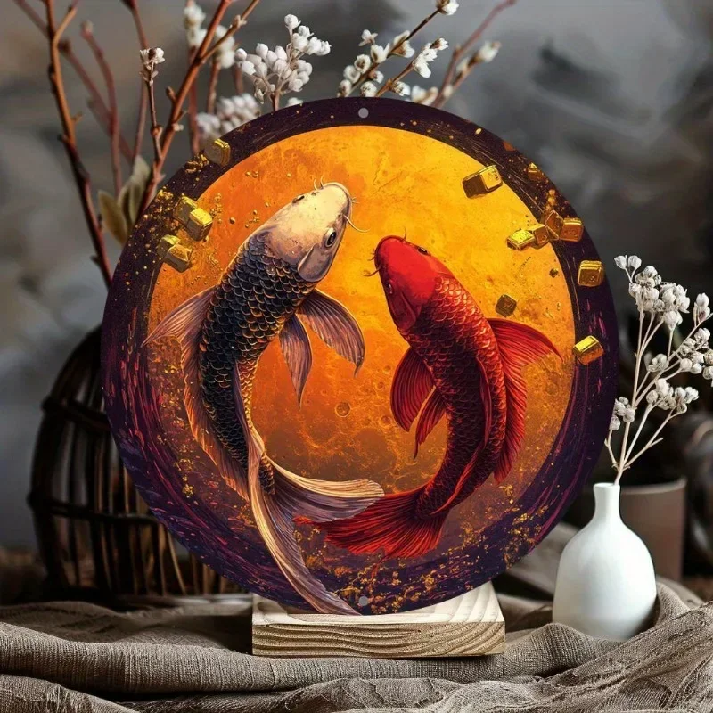 Rundes Koi-Fisch-Kunstschild aus Aluminium, 2D-wanddekoration aus flachem Metall für Küche, Zuhause, Wohnzimmer, Büro, Party-Dekoration