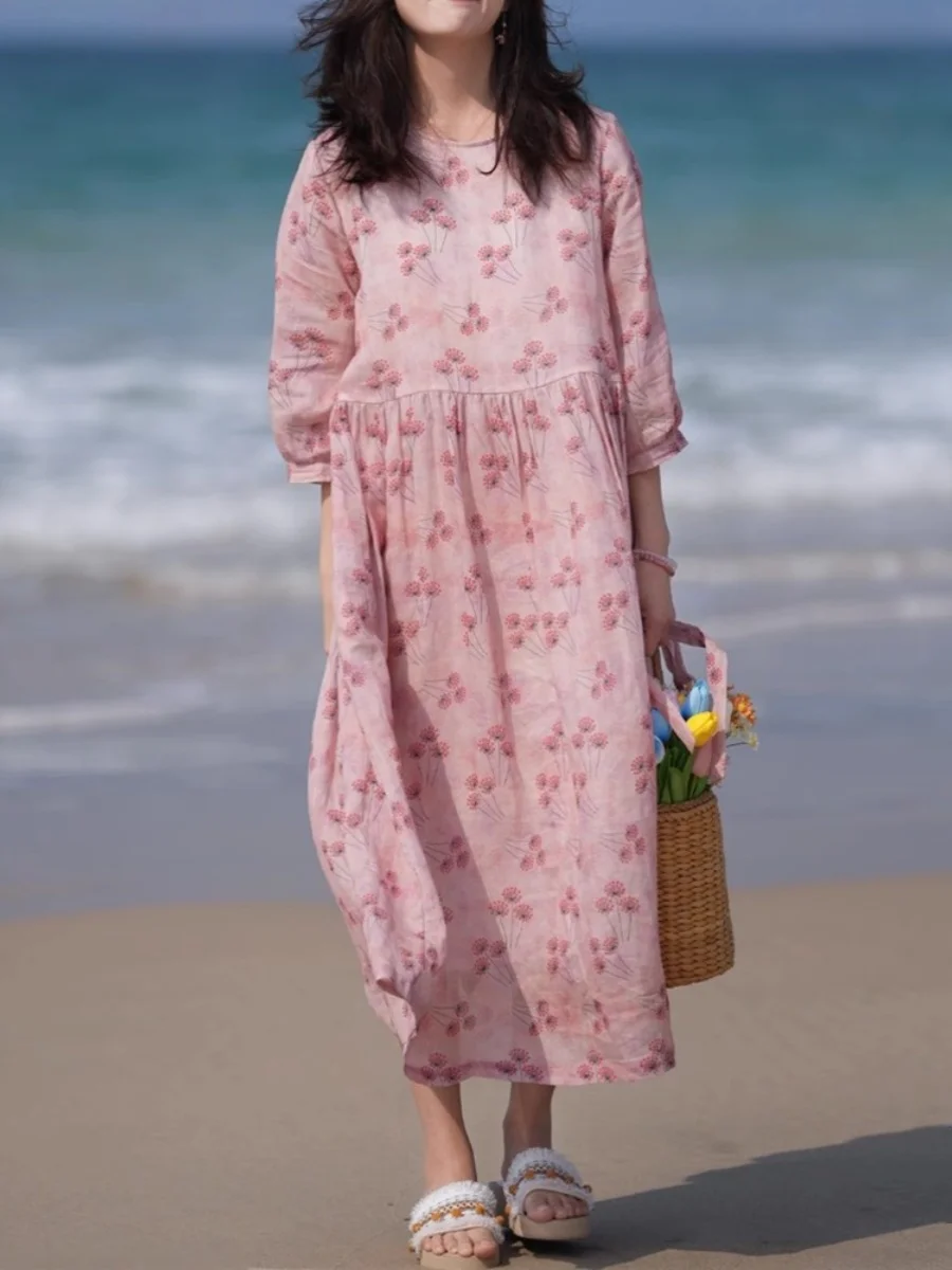 Dames été nouveau Sle décontracté coton lin Dr plage vacances jupe t-shirt quart Sve Maxi Dr imprimé fleuri coupe ample