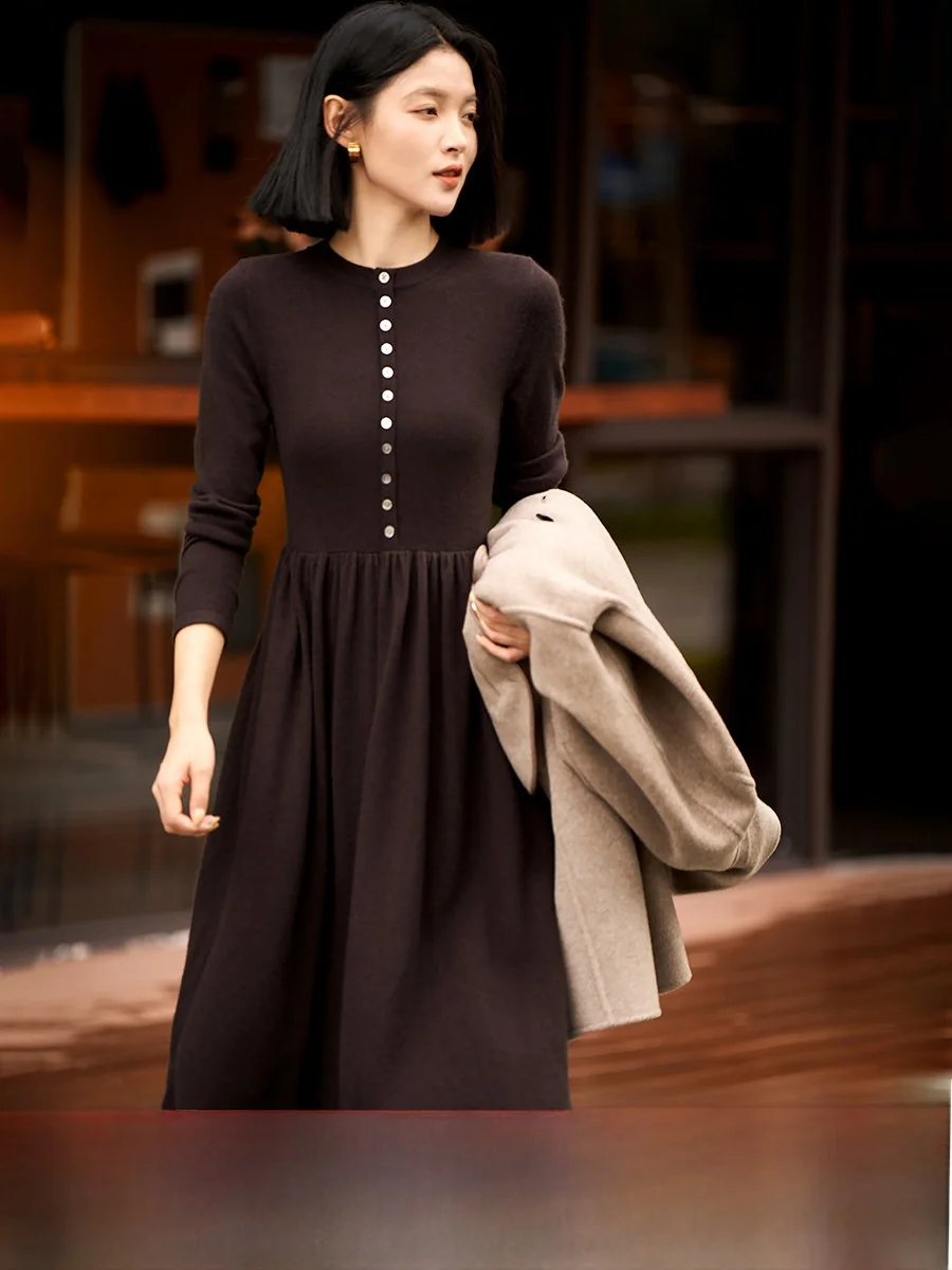 

Вязаная шерстяная юбка-трапеция Ele Dr Slimming для женщин, весна-осень-зима, с длинным рукавом, на одной пуговице