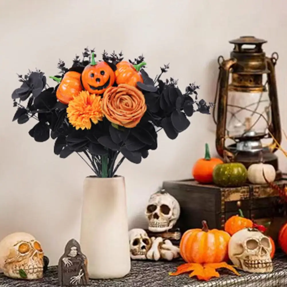 

Halloween Pumpkin Artificial Rose Bouquet With Black Eucalyptus Leaves Realistic Fake Flower Plants For Home Decoration