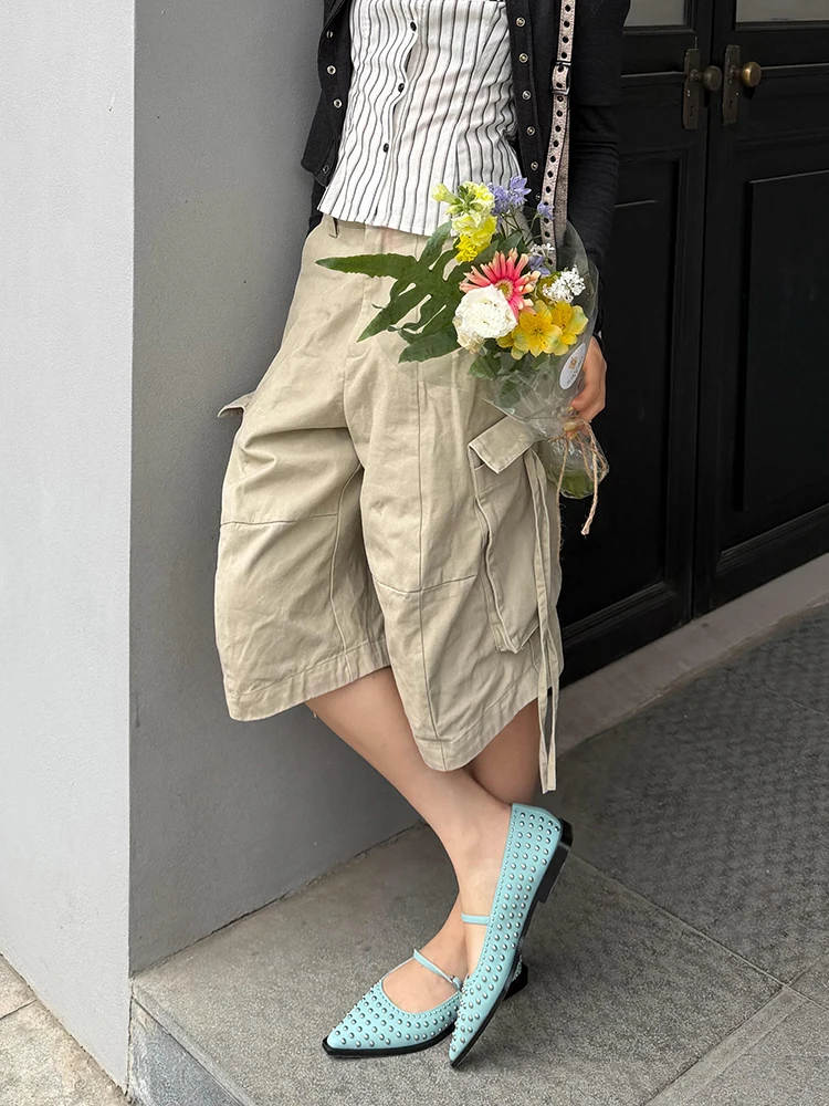 ReddaChic Bowknot Pocket Bermuda Shorts Versatile Plain Khaki Low Waist Loose Straight Leg Cargo Shorts Causal Women Clothes