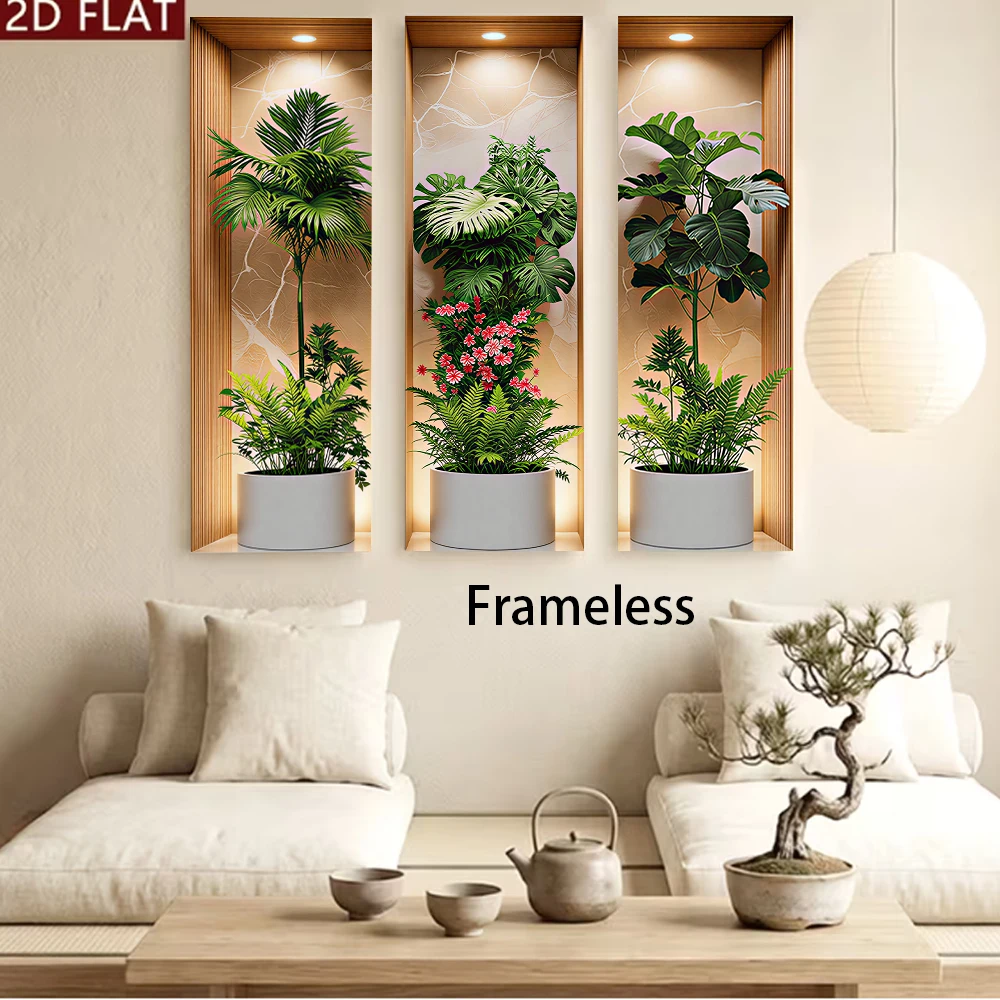 1 set of modern simple triple frameless entrance wall stickers, simulated green plant and flower decoration paintings, living ro
