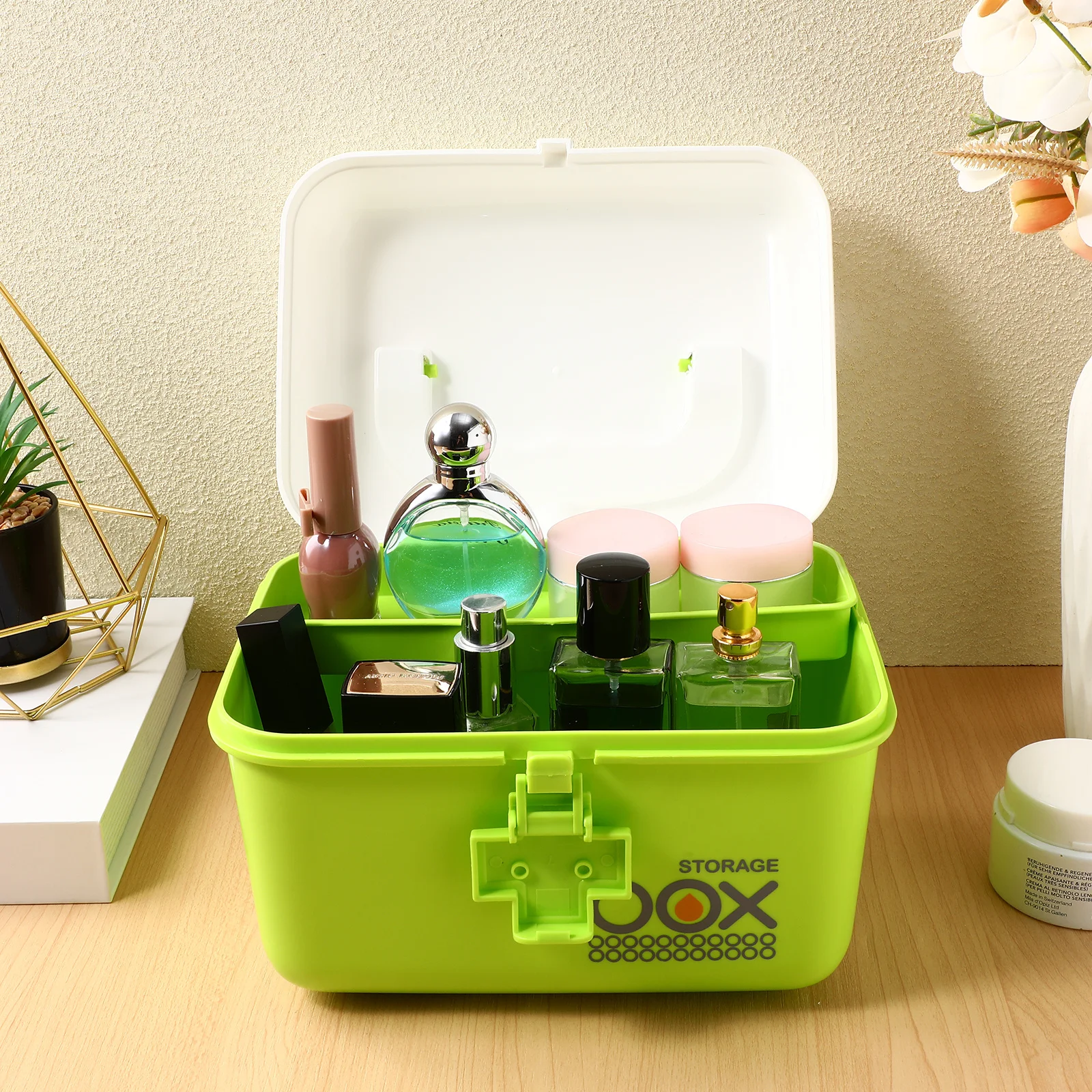 صندوق دواء محمول أخضر بطبقة مزدوجة لتخزين المنزل ومنظم متعدد الإسعافات وحاوية أدوية ذات سعة كبيرة