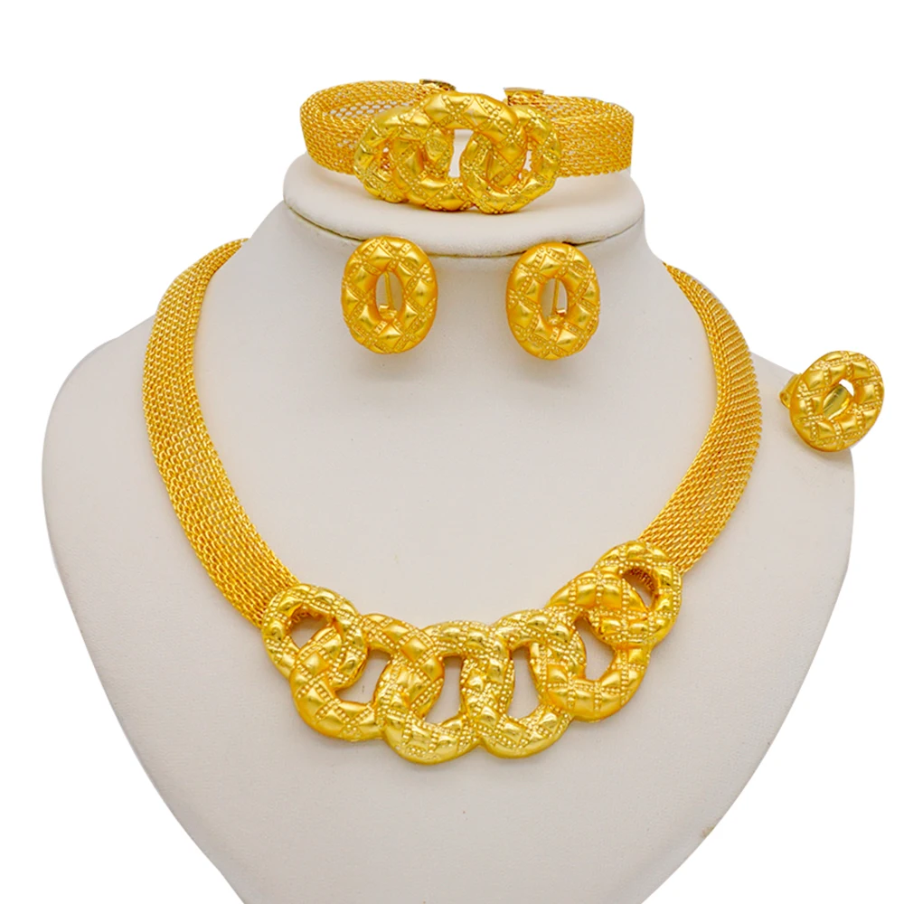 

Fashion Gold Color Jewelry Sets For Women Bridal Luxury Necklace Earrings Bracelet Ring Set Dubai African Wedding Gifts