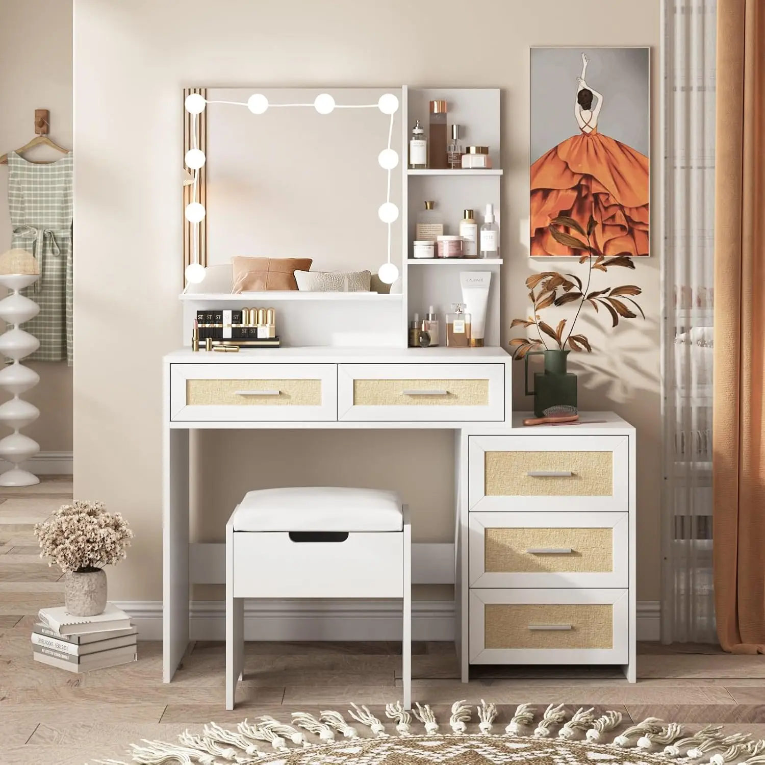 Vabches Vanity Desk with Mirror Lights Makeup Vanity Table with 5 Rattan Drawer&Storage Shelf White Vanity Set with Stool Chair