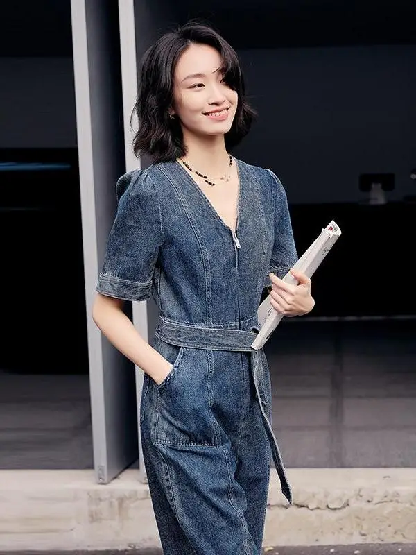 

Женские джинсовые брюки Anso с высокой талией, повседневные, из хлопка, с эффектом пузырьков, летние, новые, простые, в стиле ретро, с поясом