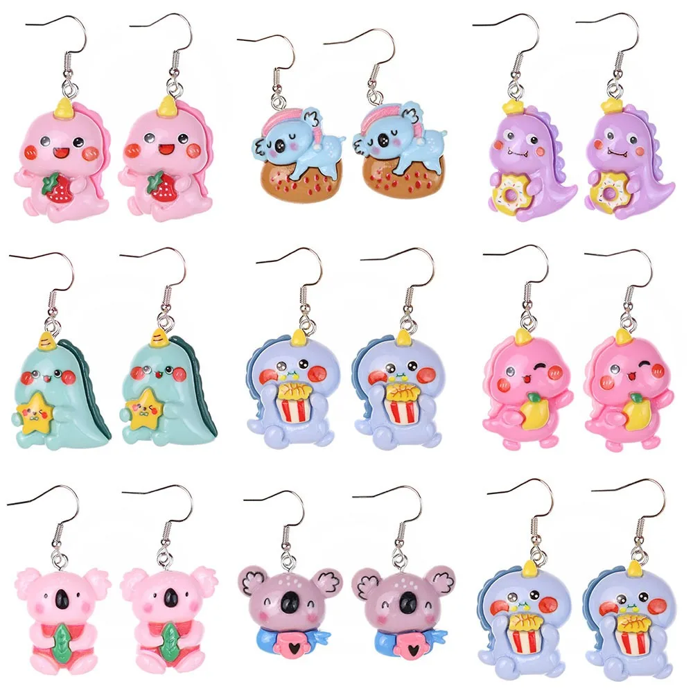 1pair Fun Cute Cartoon Animal Koala Small Dinosaur Earrings Children's Fun Girl Heart Ear Hook Ear Drop Earrings Jewelry