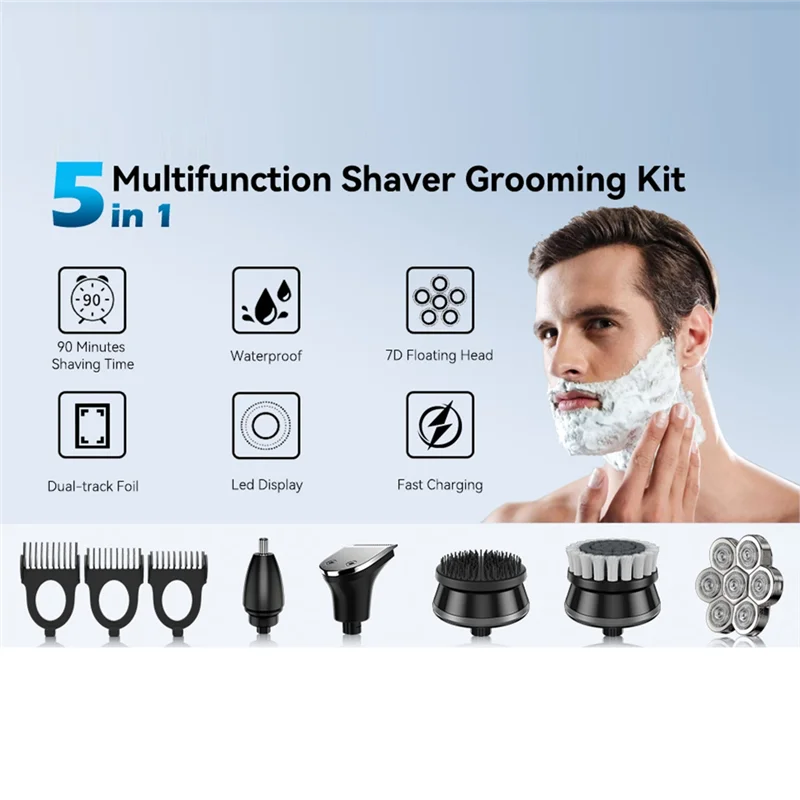 

A28F-7D Rotary Head Shavers For Bald Men, Waterproof IPX7, 5-In-1 Grooming Kit, Wet/Dry Shaver With LED Display Accessories