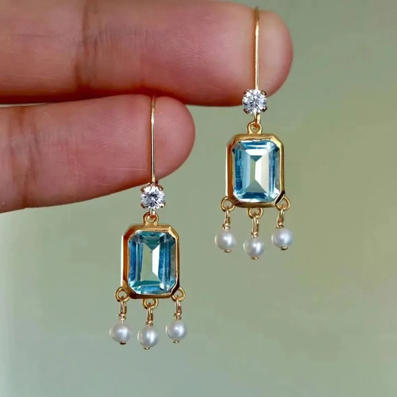 Dainty Pearl Inlay Blue Zircon Drop Earrings Chic Jewelry Gold Color Geometric Crystal Dangle Earrings For Ladies Girl Party