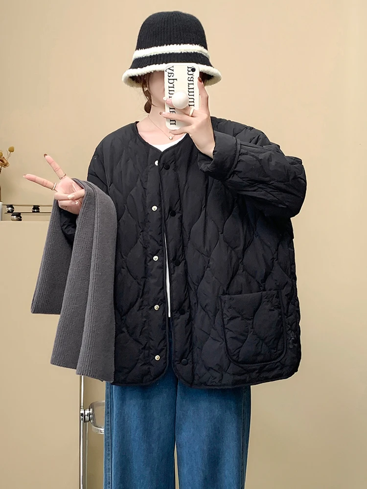 한국 슬레 경량 오트 퍼퍼 재킷 여성용 라운드 네 다운 코트 화이트 듀 페더 루즈핏 겨울 아우터웨어