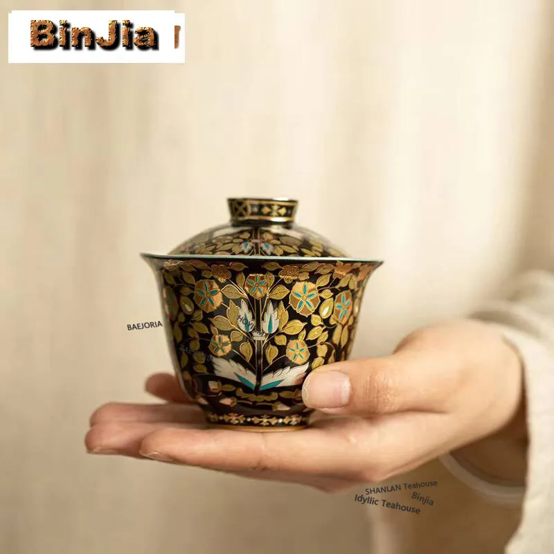 

120ml Jingdezhen Gilded Silver Gaiwan Vintage Handmade Porcelain Body Tea Tureen Tea Brewing Cover Bowl Tea Ceremony Ornaments