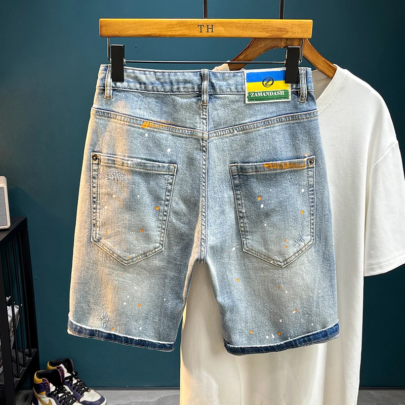 

TC049 High Street Denim Shorts with Holes Men's Trendy Brand Elastic Slim Fit Splash-Painted Patch Mid-Length Pants High-End