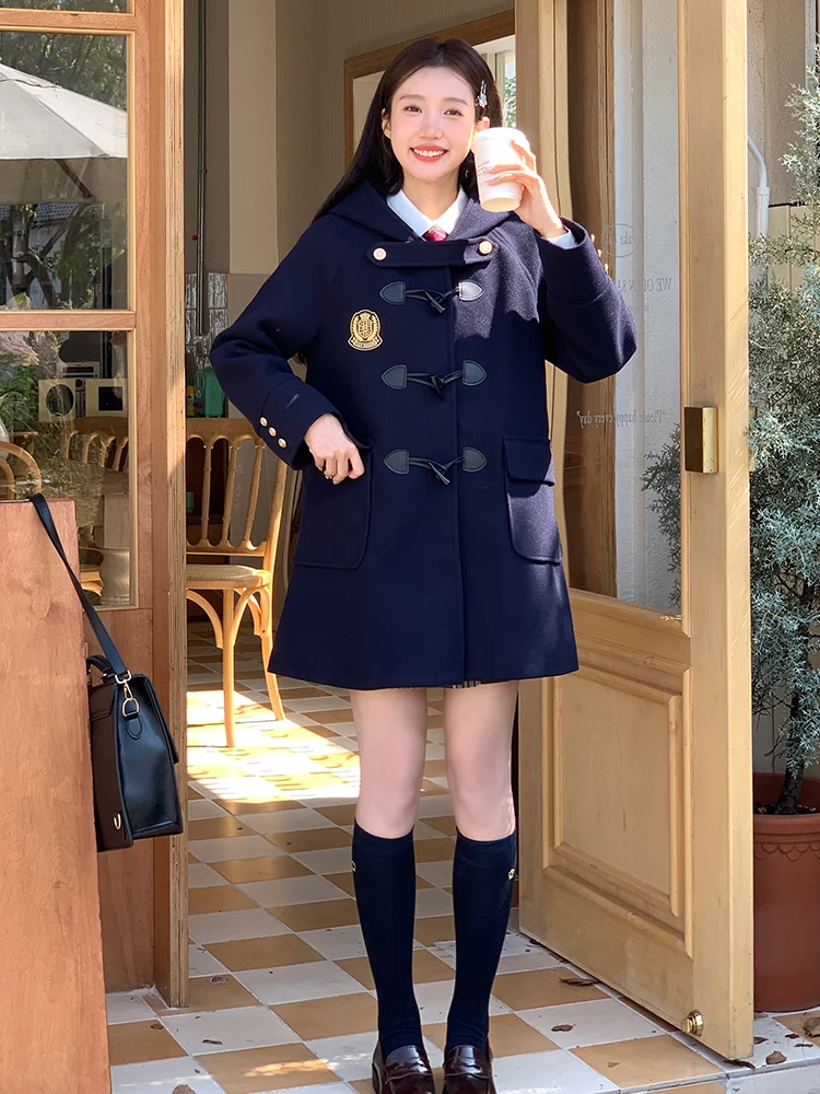 Damski płaszcz wełniany JK w stylu college, zimowy, brązowy płaszcz typu duffle z guzikami z rogu, płaszcze college Laike dla kobiet, nowość 2025