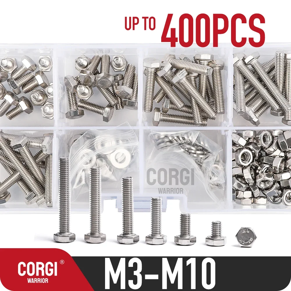 Metric Heavy Duty Hex Head Nuts Bolts Washers Assortment Up to 400 Kit M3 M4 M5 M6 M8 M10 304 Stainless Steel Machine Screws