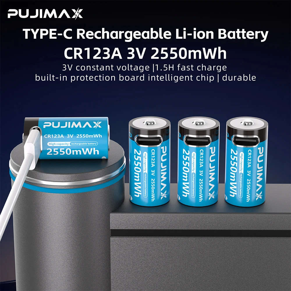 PUJIMAX type-c Rechargeable CR123A 2550mWh 3V batterie au Lithium batterie Rechargeable haute capacité Portable sortie Stable