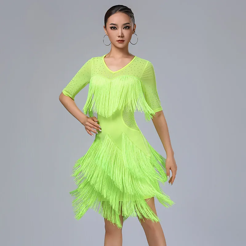 Latin Dance Clothing Women Milk Silk Half-Length Sleeves Hot Diamond Multi-Layer Tassels