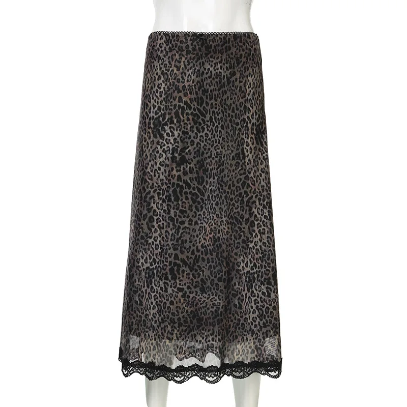 

2025 New Vintage Dark 90s Leopard Print Slim Straight Skirts Cyber Y2K Lace Patchwork Bottoms Gothic A-line Skirts Women Outfits