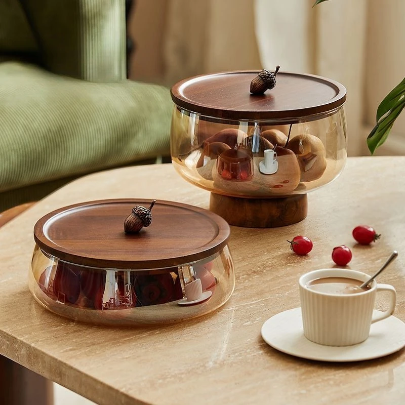 

Retro Covered Solid Wood Transparent Glass Fruit Plate Home Exquisite Dried Fruit Candy, High-legged Display Plate Food Storage