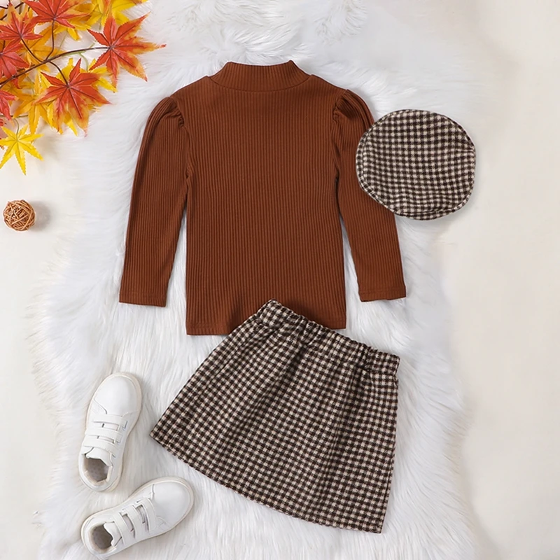 Listenwind 9M-5Y Kids Girl 3 Piece Outfit Casual Ribbed Long Sleeves Tops and Plaid Skirt Berets Hat Set Cute Fall Clothes