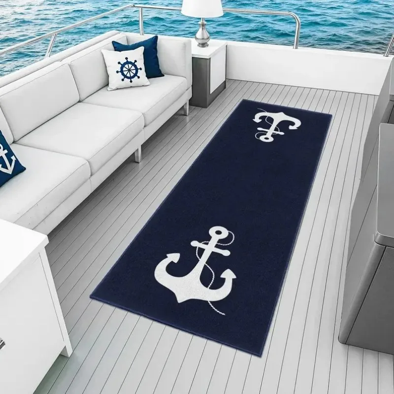 VIKAMA Sailing Ship Anchor Carpet, Anti-Slip Yacht Plate Floor Mat, Marine-Themed Bedroom Bedside Rug, Home Decoration