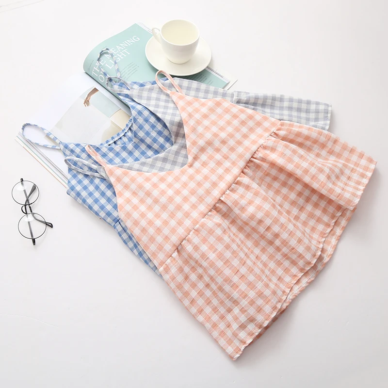 Dream Box  Summer  Plaid Cotton Loose Doll Sle Versatile Strap Top Fashionable Folded  Single Piece Clothing